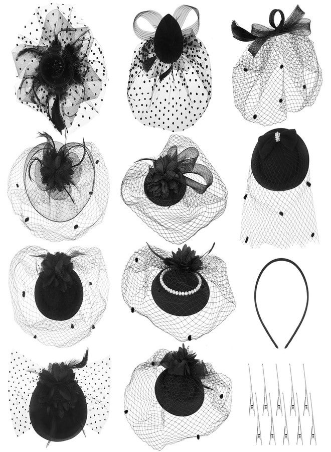 Youdaju 10 Sets Fascinator Hats Flower Mesh Feathers Headwear Black Funeral Veil Hats Hair Clips with 10 Pcs Hairbands for Girls and Women Tea Party Wedding Cocktail Formal Events Supplies - Image 1